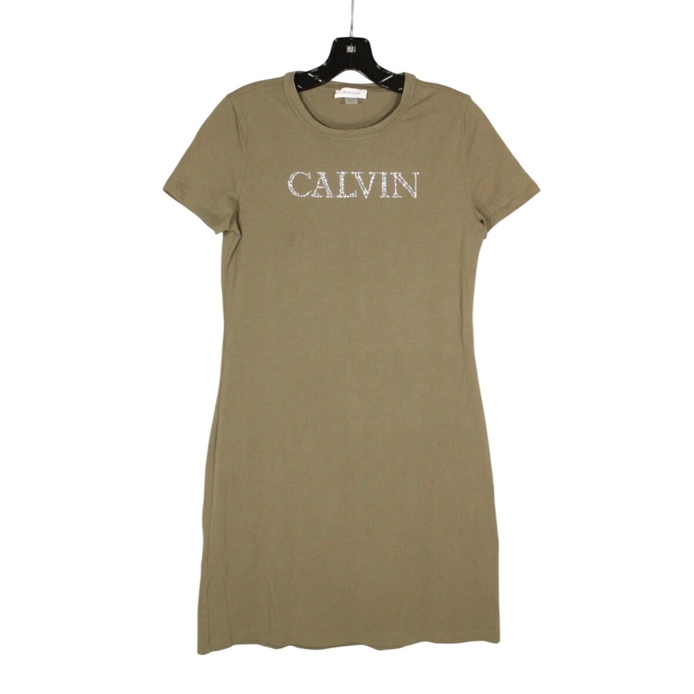 Calvin Klein | Dresses | Calvin Klein Olive Green Stretch Knit Rhinestone Designer Logo Tshirt Dress S